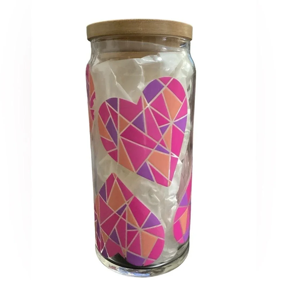 Glass Tumbler With Bamboo Lid Geometric Heart Design Pink Purple